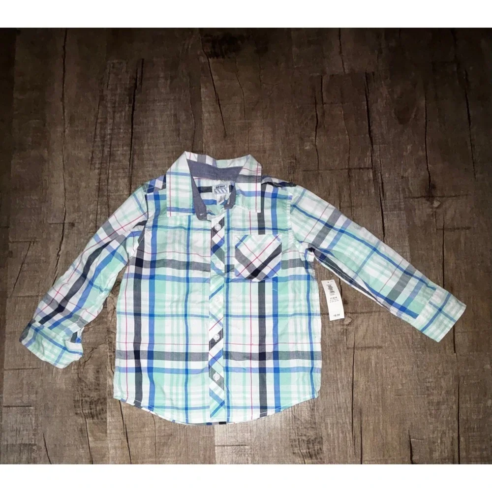 Old Navy Boys Plaid Button Down Shirt Blue Green White Long Sleeve 4T New